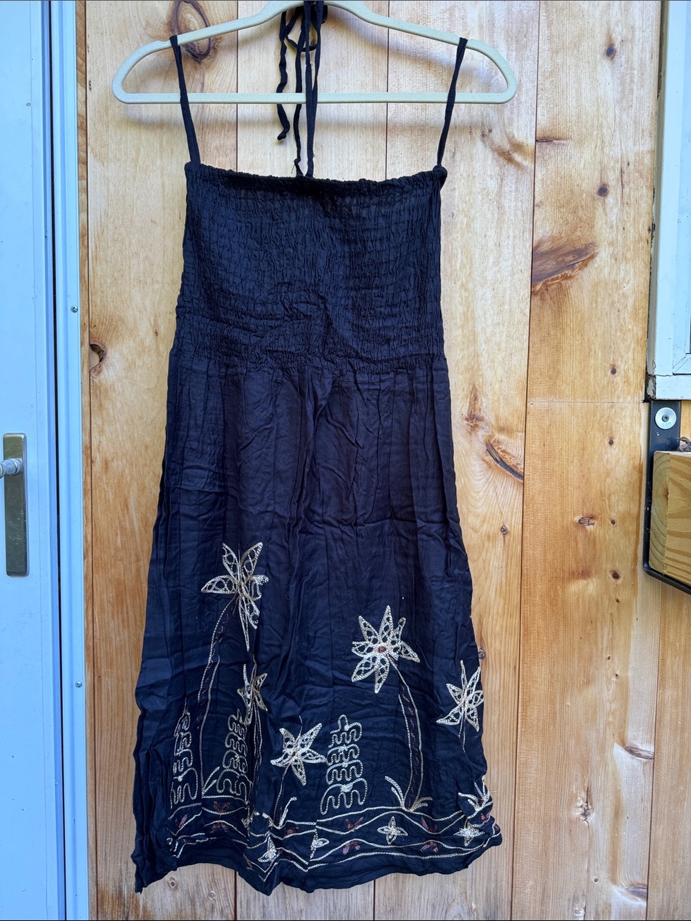 raya sun Black with Gold Embroidery Smocked Waistband Knee Length Dress